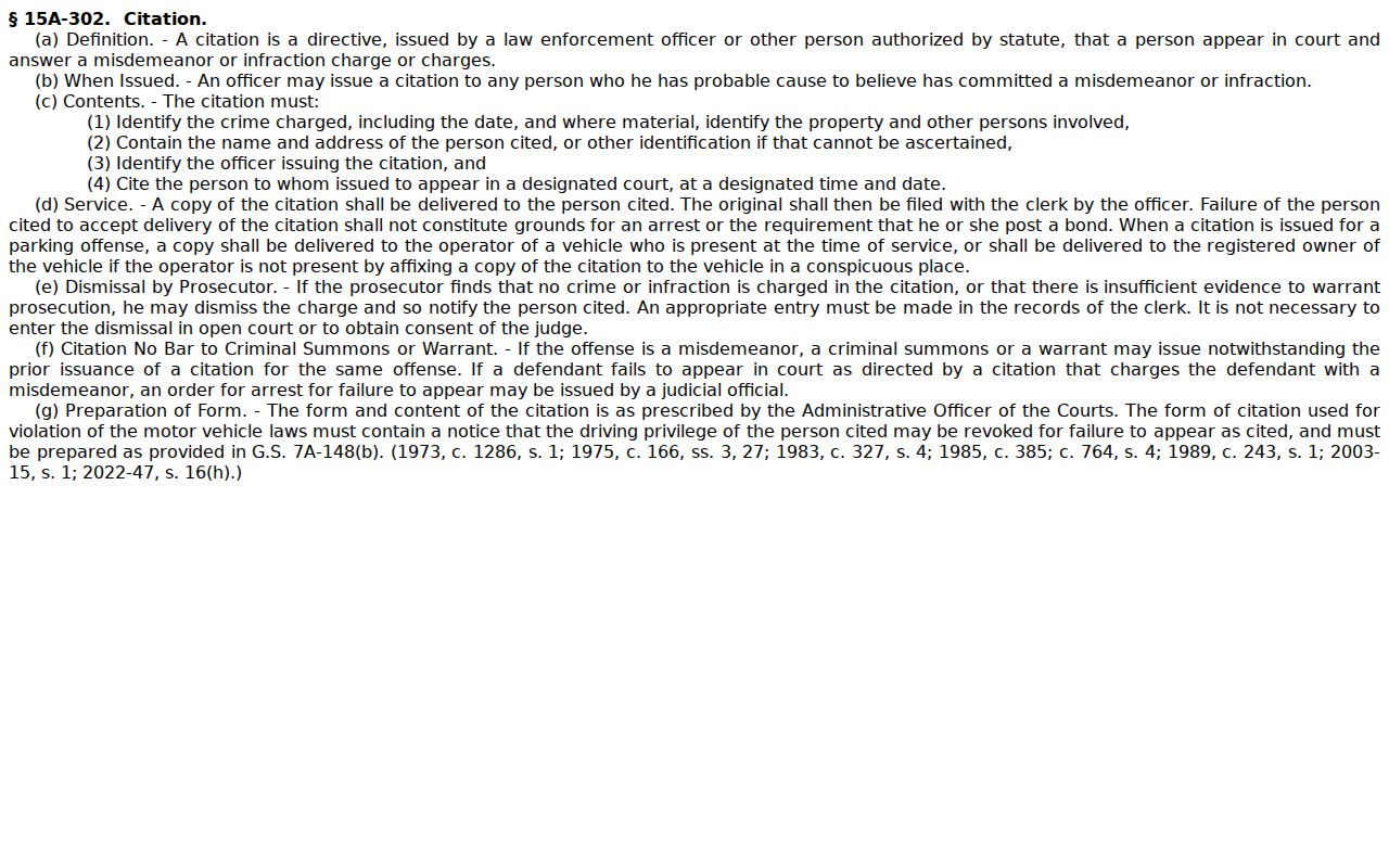G.S. 15A-302 text on Madison County criminal citation filing