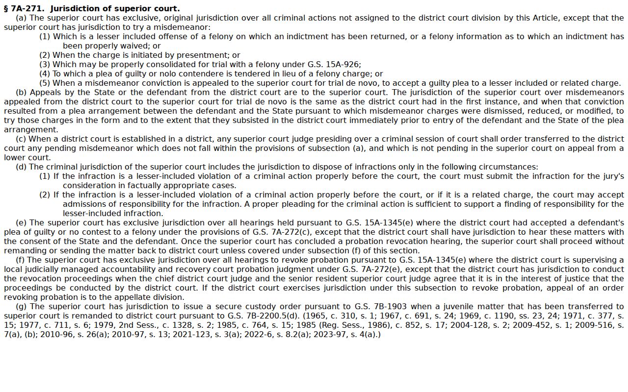 G.S. 7A-271 text on Superior Court criminal jurisdiction for Madison County dockets