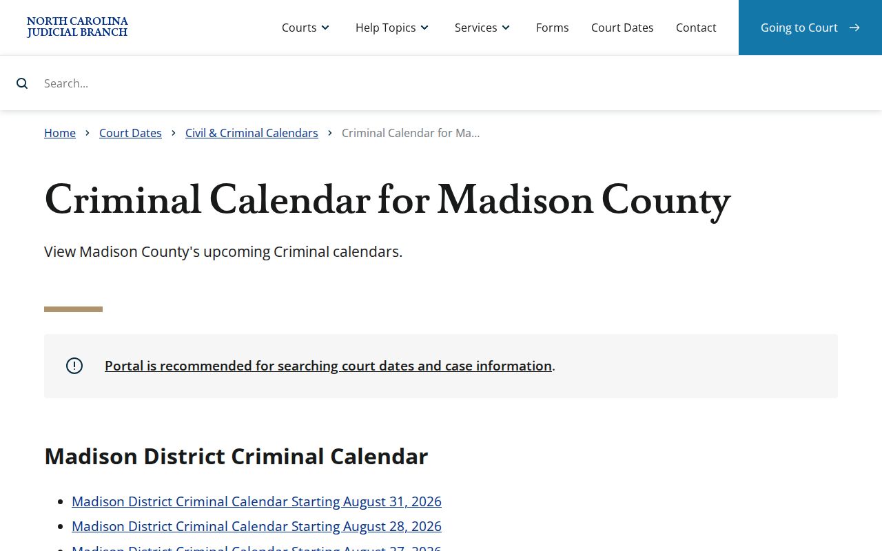 Madison County criminal docket calendar interface screenshot