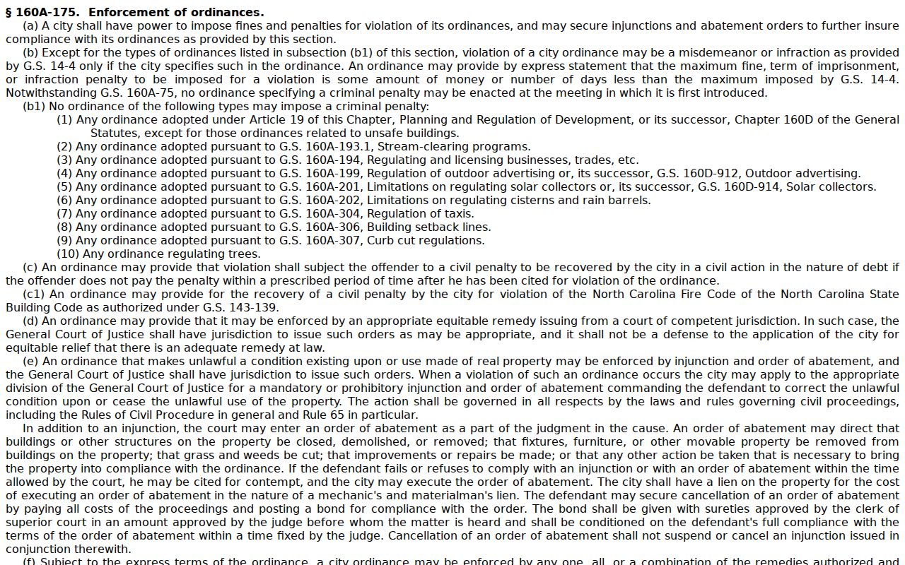 G.S. 160A-175 text on Madison County traffic ordinance enforcement